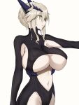  1girl akatsuki_ikki armpit_cutout artoria_pendragon_(all) artoria_pendragon_(lancer_alter) bangs black_bodysuit blonde_hair bodysuit braid breasts center_opening clothing_cutout fate/grand_order fate_(series) french_braid highres horns large_breasts long_hair long_sleeves navel revealing_clothes ribbed_bodysuit sidelocks simple_background under_boob white_background yellow_eyes 