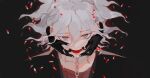  bangs black_skin chain collarbone colored_skin commentary_request dangan_ronpa_(series) dangan_ronpa_another_episode:_ultra_despair_girls face finger_in_another&#039;s_mouth gloves grey_eyes hands_on_another&#039;s_face highres komaeda_nagito looking_at_viewer male_focus medium_hair messy_hair nail_polish open_mouth pill red_shirt saliva shirt silver_nails solo teeth upper_body white_hair xiwang_xintu 