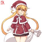  alternate_costume artist_logo black_legwear blonde_hair capelet christmas cowboy_shot dated hat highres kanon_(kurogane_knights) kantai_collection long_hair looking_at_viewer low_twintails red_headwear santa_costume santa_hat satsuki_(kantai_collection) signature simple_background solo thigh-highs twintails white_background 