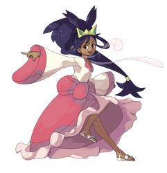  1girl breasts brown_eyes collarbone commentary crown dark_skin english_commentary full_body furrowed_eyebrows highres iris_(pokemon) long_hair long_sleeves looking_at_viewer pinkgermy pointing pokemon pokemon_(game) pokemon_bw2 purple_hair sandals small_breasts standing standing_on_one_leg tied_hair transparent_background very_long_hair white_footwear 