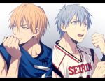  2boys bangs basketball_uniform blonde_hair blue_eyes blue_hair blue_shirt closed_mouth clothes_writing collarbone commentary_request earrings eyebrows_visible_through_hair gradient gradient_background grey_background hair_between_eyes hand_up jewelry kise_ryouta kuroko_no_basuke kuroko_tetsuya letterboxed looking_to_the_side male_focus mashima_shima multiple_boys open_mouth shirt short_hair sleeveless sleeveless_shirt smile split_screen sportswear sweat twitter_username upper_body upper_teeth white_shirt yellow_eyes 