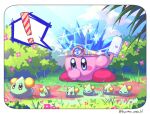  ! 1boy =_= alien artist_name blue_eyes blue_hair bush covering_mouth electricity flower food hand_over_own_mouth holding holding_food kirby kirby_(series) kyarara_renan looking_down no_humans popsicle slime 