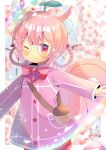  1girl ;3 animal_ear_fluff animal_ears bangs blurry blurry_background blush boots bow braid closed_mouth commentary_request depth_of_field dress eyebrows_visible_through_hair flower hair_between_eyes hair_bow hair_rings kouu_hiyoyo long_sleeves looking_at_viewer one_eye_closed original outstretched_arm pantyhose pink_dress pink_flower pink_footwear pink_hair red_bow red_legwear short_eyebrows solo squirrel_ears squirrel_tail tail thick_eyebrows twin_braids violet_eyes 
