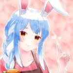  akesato animal_ears apron blue_hair braid carrot carrot_hair_ornament collarbone commentary_request food_themed_hair_ornament gradient_hair hair_ornament heart highres hololive index_finger_raised multicolored_hair pekomama rabbit_ears rabbit_girl short_eyebrows simple_background smile tareme traditional_media upper_body watercolor_(medium) yellow_eyes 