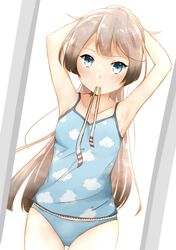  1girl absurdres arms_behind_head arms_up blue_camisole blue_panties brown_hair camisole collarbone commentary_request cowboy_shot flat_chest grey_eyes hair_ribbon highres holding holding_hair kantai_collection kazagumo_(kantai_collection) kure_jirou long_hair looking_at_viewer mouth_hold panties ponytail ribbon solo standing underwear underwear_only 