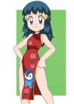  1girl blue_eyes blue_hair breasts china_dress chinese_clothes hikari_(pokemon) dress gen_4_pokemon hainchu hair_ornament long_hair looking_at_viewer midriff piplup pokemon pokemon_(game) pokemon_dppt simple_background smile solo 