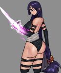  absurdres ass back black_leotard cosplay elbow_gloves energy_weapon fate/grand_order fate_(series) gloves highres leotard long_hair mano minamoto_no_raikou_(fate/grand_order) psylocke psylocke_(cosplay) purple_hair thigh_strap violet_eyes weapon x-men 