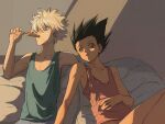  2boys bare_arms bare_shoulders black_hair blue_eyes blue_tank_top brown_eyes casual child food gon_freecss highres hunter_x_hunter k.g_(matsumoto_zo) killua_zoldyck leaning_to_the_side looking_to_the_side male_focus messy_hair multiple_boys pink_tank_top popsicle short_hair silver_hair skinny spiky_hair sunlight tank_top upper_body white_hair 