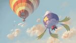  3_(qqo0g) aircraft artist_name clouds day drifblim flying from_below gen_4_pokemon hot_air_balloon no_humans outdoors pokemon pokemon_(creature) red_eyes sky solo watermark 