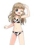  1girl animal_print bangs bikini blue_eyes blunt_bangs brown_hair cow_print cowboy_shot eyebrows_visible_through_hair flat_chest kato-shun long_hair looking_at_viewer mewkledreamy one_eye_closed simple_background smile solo star_(symbol) star_in_eye swimsuit symbol_in_eye tsukishima_maira white_background 