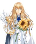  1boy absurdres bangs bishounen blonde_hair blue_eyes blue_neckwear cape character_request cravat fate/grand_order fate_(series) feather_boa flower formal hair_between_eyes highres holding holding_flower long_hair looking_at_viewer male_focus okuno_naru_(exoprsa) simple_background solo sunflower upper_body white_background white_cape 