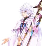  1boy bangs beckoning bishounen cape fate/grand_order fate_(series) hair_between_eyes highres holding holding_staff light_smile long_hair long_sleeves looking_at_viewer male_focus merlin_(fate) okuno_naru_(exoprsa) robe simple_background solo staff upper_body very_long_hair violet_eyes white_background white_cape white_hair 