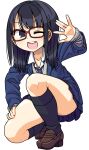  1girl :d black_eyes black_hair black_legwear blazer glasses highres jacket kneehighs loafers long_hair maruput necktie one_eye_closed one_knee open_mouth original plaid plaid_skirt pleated_skirt red-framed_eyewear school_uniform shoes skirt smile solo squatting white_background 