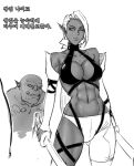  1boy 1girl abs belt dark_elf dark_skin dark-skinned_female elf looking_at_viewer monochrome monster navel orc original pointy_ears sword toned translation_request trapd tusks weapon 