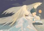  2boys absurdres angel_wings bed_sheet black_hair blue_eyes book brown_eyes child feathered_wings gon_freecss highres hunter_x_hunter k.g_(matsumoto_zo) killua_zoldyck lantern looking_at_another male_focus messy_hair multiple_boys on_bed open_book pillow short_hair silver_hair skinny sleeping spiky_hair white_hair wings 
