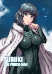  1girl absurdres black_hair breasts coat dress eyebrows_visible_through_hair fish.boy fubuki_(one-punch_man) fur_coat green_dress green_eyes highres jewelry large_breasts looking_at_viewer necklace one-punch_man open_clothes open_coat parted_lips short_hair solo 
