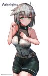  1girl arknights arms_up belt black_shorts breasts chinese_commentary collar commentary copyright_name cowboy_shot eyebrows_visible_through_hair feather_hair green_eyes grey_hair greythroat_(arknights) holding large_breasts liuyun_baihua looking_at_viewer ribbed_shirt shirt short_hair shorts simple_background solo standing watermark web_address white_background 