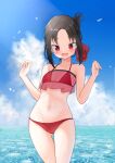  1girl absurdres bikini bird black_hair blue_sky blush breasts clouds cloudy_sky commentary day frown hair_ribbon half_updo highres horizon kaguya-sama_wa_kokurasetai_~tensai-tachi_no_renai_zunousen~ mansu_(user_pnmp4287) navel ocean open_mouth outdoors red_bikini red_eyes red_ribbon ribbon seagull shinomiya_kaguya sidelocks sky small_breasts solo standing swimsuit tearing_up thigh_gap w_arms wading water 