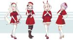 4girls :d absurdres alternate_costume animal_ears ayanami_(azur_lane) azur_lane bangs bare_shoulders black_footwear black_legwear blue_eyes boots bow bowtie brown_footwear brown_hair christmas commentary_request dress eyebrows_visible_through_hair fake_animal_ears full_body green_eyes hair_between_eyes hair_bow hair_ornament hair_ribbon hairclip hat headgear highres iron_cross javelin_(azur_lane) knee_boots kneehighs laffey_(azur_lane) long_hair looking_at_viewer mary_janes multiple_girls off-shoulder_dress off_shoulder open_mouth orange_eyes own_hands_together pantyhose ping_zhong_yu ponytail purple_hair rabbit_ears red_dress red_eyes red_footwear retrofit_(azur_lane) ribbon shoes short_hair silver_hair simple_background smile thigh-highs twintails two-tone_background white_hair white_legwear z23_(azur_lane) zettai_ryouiki 