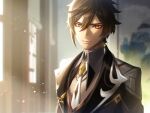  1boy armor brown_hair earrings formal genshin_impact highres jewelry looking_at_viewer male_focus mosako necktie orange_eyes pauldrons shoulder_armor single_earring solo suit sunlight upper_body white_neckwear window zhongli_(genshin_impact) 