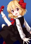  1girl bangs black_background black_skirt black_vest blonde_hair blue_background eyebrows_visible_through_hair gradient gradient_background hair_between_eyes hair_ribbon highres long_sleeves looking_at_viewer open_mouth outstretched_arms red_eyes red_footwear red_neckwear red_ribbon ribbon rumia ruu_(tksymkw) shirt skirt skirt_set socks solo standing teeth touhou vest white_legwear white_shirt 