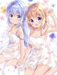  2girls :d :o amedamacon angora_rabbit animal arm_up armpits bangs bare_arms bare_shoulders blue_eyes blue_hair blush braid breasts brown_hair collarbone commentary_request dress eyebrows_visible_through_hair floral_background gochuumon_wa_usagi_desu_ka? hair_between_eyes hands_together hoto_cocoa kafuu_chino long_hair looking_at_viewer multiple_girls open_mouth parted_lips petals rabbit sitting sleeveless sleeveless_dress small_breasts smile tippy_(gochiusa) very_long_hair violet_eyes white_background white_dress yokozuwari 