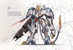  alternate_form arm_cannon character_name energy_blade english_commentary glowing glowing_eye green_eyes gundam gundam_barbatos gundam_barbatos_lupus_rex gundam_tekketsu_no_orphans highres kevin_koesnodihardjo long_arms looking_down mecha mechanical_tail no_humans open_hand redesign science_fiction solo tail v-fin weapon zoom_layer 