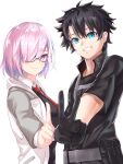  1boy 1girl black-framed_eyewear black_gloves black_hair black_jacket black_shirt blue_eyes breasts collared_shirt eyebrows_visible_through_hair fate/grand_order fate_(series) fujimaru_ritsuka_(male) glasses gloves grin hair_over_one_eye highres hood hooded_jacket jacket layered_clothing long_sleeves looking_at_viewer mash_kyrielight medium_breasts necktie pointing pointing_up pouch purple_hair red_neckwear shirt short_hair short_sleeves simple_background smile upper_body v violet_eyes white_background white_jacket yahan_(mctr5253) 