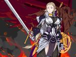  1girl absurdres armor blonde_hair elf facial_hair fire gauntlets highres holding holding_sword holding_weapon knight long_hair mikazukisou original pointy_ears red_eyes shield shoulder_armor smoke solo sword weapon 