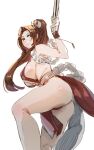  1girl ass bow_(bhp) breasts brown_eyes brown_hair closed_mouth dress fatal_fury from_side hand_up holding large_breasts long_hair looking_at_viewer looking_back no_bra pelvic_curtain ponytail red_dress revision shiranui_mai sideboob simple_background smile solo the_king_of_fighters white_background wristband 