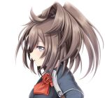  1girl ascot blue_eyes brown_hair flower from_side hair_between_eyes highres kantai_collection medium_hair messy_hair military military_uniform parted_lips ponytail portrait red_flower red_neckwear red_rose rose sheffield_(kantai_collection) simple_background solo tk8d32 uniform white_background 