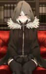  1girl black_cloak black_gloves black_jacket black_legwear blue_eyes blurry blurry_background blush bookshelf breasts cloak closed_mouth commentary couch embarrassed eyebrows_visible_through_hair eyelashes fate_(series) fur-trimmed_cloak fur_trim gloves gray_(lord_el-melloi_ii) grey_skirt hair_between_eyes hands_on_lap hayama_kazusa highres hood hooded_cloak jacket looking_at_viewer lord_el-melloi_ii_case_files medium_breasts miniskirt plaid plaid_skirt pleated_skirt short_hair silver_hair sitting skirt solo thigh-highs zettai_ryouiki 