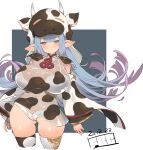  1girl animal_print artist_name blue_eyes blue_hair blush breasts cow_hood cow_horns cow_print dated detached_sleeves draph fbc gradient_hair granblue_fantasy horns large_breasts long_hair looking_at_viewer multicolored_hair navel pink_hair pointy_ears shatola_(granblue_fantasy) sheer_clothes short_shorts shorts solo transparent_background white_shorts wide_sleeves 