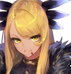  1girl blonde_hair commentary_request eyebrows_visible_through_hair facial_mark fate/grand_order fate_(series) fur_trim hair_ornament jazztaki jewelry lip_piercing neck_ring piercing simple_background solo upper_body vritra_(fate) white_background yellow_eyes 