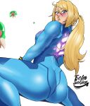  1girl absurdres ass biceps blonde_hair blue_bodysuit blue_eyes blush bodysuit breasts commentary covered_nipples echo_saber english_commentary from_behind highres lips long_hair looking_at_viewer looking_back medium_breasts metroid metroid_(creature) muscular muscular_female neon_trim ponytail samus_aran sitting skin_tight solo_focus thick_thighs thighs wariza zero_suit 