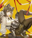  1girl absurdres animal animal_ears arknights arm_support artist_name black_gloves black_legwear brown_hair brown_shorts buttons chinese_commentary commentary gloves highres knees_up koi_han leaning_back leg_up legwear_under_shorts long_hair looking_at_viewer pantyhose petting raccoon raccoon_ears raccoon_girl raccoon_tail ribbon robin_(arknights) shirt shorts skindentation solo squatting tail tied_hair white_shirt yellow_background yellow_eyes 