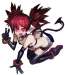 1girl bat_wings boots braid buckle choker demon_girl demon_tail disgaea earrings elbow_gloves etna eyebrows_visible_through_hair fang flat_chest gloves hair_between_eyes jewelry looking_at_viewer mamushi miniskirt o-ring o-ring_choker pointy_ears red_eyes redhead sidelocks skirt skull_earrings smile solo tail thigh-highs twintails v wings 