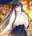  1girl aran_sweater bangs black_hair black_skirt blurry blurry_background blush bokeh breasts closed_mouth depth_of_field eyebrows_visible_through_hair floral_print grey_eyes hair_between_eyes hand_on_own_chest kagachi_saku large_breasts long_hair long_sleeves looking_at_viewer night original sidelocks signature skirt smile snowflake_ornament snowing solo standing sweater symbol_commentary turtleneck turtleneck_sweater very_long_hair white_sweater 