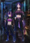 2girls absurdres bangs boots breasts choker fate/grand_order fate_(series) hand_on_hip highres hikimayu hood_(james_x) horns jacket large_breasts long_hair looking_at_viewer midriff minamoto_no_raikou_(fate/grand_order) multiple_girls navel oni_horns purple_hair short_hair shuten_douji_(fate/grand_order) small_breasts smile sports_bra violet_eyes 