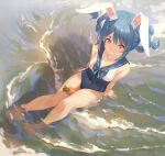  1girl alternate_costume alternate_hairstyle animal_ear_fluff animal_ears bare_arms bare_legs blue_hair blue_neckwear blue_sailor_collar blue_swimsuit bow bowtie breasts carrot clenched_teeth commentary double_bun from_above gawain_(artist) hair_up highres hololive looking_at_viewer medium_breasts one-piece_swimsuit outdoors partially_submerged rabbit_ears rabbit_girl sailor_collar smile soaking_feet solo swimsuit teeth usada_pekora virtual_youtuber waves white_hair yellow_eyes 