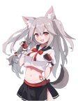  1girl :d absurdres animal_ears azur_lane bangs black_skirt braid collarbone commentary eyebrows_visible_through_hair fingerless_gloves gloves hair_between_eyes hair_ornament highres long_hair looking_at_viewer midriff navel open_mouth paw_hair_ornament paw_pose paw_print ping_zhong_yu pleated_skirt red_eyes red_gloves school_uniform serafuku silver_hair simple_background single_braid skirt slit_pupils smile solo tail tattoo thick_eyebrows two-tone_gloves white_background wolf_ears wolf_girl wolf_tail yuudachi_(azur_lane) 