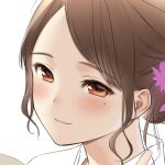  1girl blush brown_eyes brown_hair closed_mouth flower hair_flower hair_ornament looking_at_viewer mole mole_under_eye original portrait profile simple_background smile solo umakuchi_shouyu white_background 
