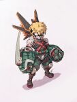  1boy absurdres bakugou_katsuki blonde_hair boku_no_hero_academia clenched_hands eko999 english_commentary explosive grenade grey_background highres looking_at_viewer mask mechanization robot signature solo white_eyes 