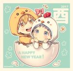  2017 2boys :d ? bangs blonde_hair blue_eyes blue_hair blush border bow chicken_costume child chinese_zodiac closed_mouth commentary_request cracked_egg egg english_text expressionless eyebrows_visible_through_hair hair_between_eyes hand_up hands_on_own_chin happy happy_new_year holding holding_bow hood hood_up kise_ryouta kuroko_no_basuke kuroko_tetsuya long_sleeves male_focus mashima_shima multiple_boys new_year notice_lines open_mouth outline pink_bow polka_dot polka_dot_bow rooster_costume short_hair smile spoken_question_mark twitter_username upper_teeth white_border white_outline year_of_the_rooster yellow_eyes younger 