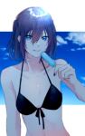  1girl bangs bikini black_bikini blue_nails blue_sky breasts brown_eyes brown_hair clouds collarbone day food food_in_mouth hair_between_eyes highres holding kantai_collection licking_lips looking_at_viewer nail_polish outdoors popsicle rinto_(rint_rnt) sendai_(kantai_collection) short_hair sky small_breasts solo swimsuit tongue tongue_out two_side_up upper_body 