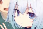  :/ blue_eyes blue_hair blurry blurry_background character_request child close-up closed_mouth depth_of_field dot_nose looking_at_viewer medium_hair ryuuou_no_oshigoto! shirabi solo solo_focus sora_ginko v younger 