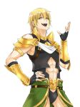 1boy abs abs_cutout absurdres armor bangs bare_shoulders bishounen black_hair blonde_hair bracer cowboy_shot crotchless crotchless_pants earrings fate/grand_order fate_(series) fingerless_gloves gloves gold_earrings green_eyes hair_between_eyes hand_on_hip hand_up highres jason_(fate/grand_order) jewelry looking_at_viewer male_focus navel okuno_naru_(exoprsa) short_hair shoulder_armor simple_background smile solo spaulders 