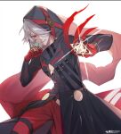  1boy belt black_belt black_coat brass_knuckles coat colored_skin cowboy_shot energy eyeshadow fate/grand_order fate_(series) fighting_stance gloves green_eyes hair_over_one_eye hands_up highres hood hood_up karna_(santa)_(fate) looking_at_viewer makeup male_focus pants red_gloves red_pants short_hair solo sparkle tsurime weapon white_hair white_skin 
