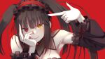  black_hair clock_eyes date_a_live date_a_live:_date_a_bullet hairband heterochromia highres kasutera_(toho_16sakuya) lolita_fashion lolita_hairband looking_at_viewer red_background red_eyes symbol-shaped_pupils tokisaki_kurumi twintails uneven_twintails yellow_eyes 