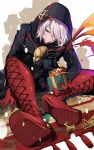  1boy black_coat boots box coat colored_skin cross-laced_footwear eyeshadow fate/grand_order fate_(series) feet foreshortening full_body gift gift_box gloves green_eyes hair_over_one_eye highres hirai_yuzuki holding holding_gift hood hood_up karna_(santa)_(fate) lace-up_boots leaning_forward makeup male_focus red_footwear red_gloves reindeer short_hair sitting solo thigh-highs thigh_boots tsurime white_hair white_skin 